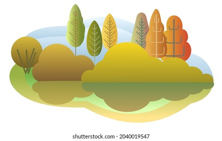 Autumn forest. Flat style symbolic illustration. Landscape in orange, yellow and green tones. Rural wildlife. Country scene with trees. Reflection in water. Beautiful art picture. Isolated Vector.