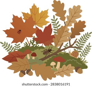 Autumn forest floor heap vector illustration featuring colorful maple leaves, oak foliage, red mushrooms, ladybug, beetle, snail, moss, ferns, and acorns isolated on white background. Flat seasonal nature concept for fall print and thanksgiving background.