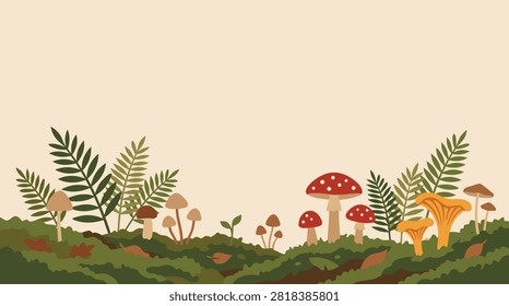 Autumn forest floor illustration featuring wild mushrooms, red fly agaric, ferns, and green moss on a neutral background.