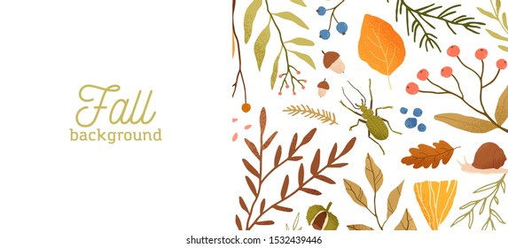 Autumn forest flora and fauna flat vector illustration. Decorative fall themed background botanical concept. Seasonal nature banner design with typography. Tree leaves, branches and insects.