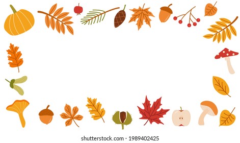 Autumn forest flora flat vector illustration. Decorative fall themed background botanical concept. Seasonal nature banner design. Various colorful tree leaves, branches, wild mushrooms and fruits. 