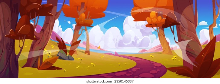 Autumn forest with footpath running to blue lake. Vector cartoon illustration of sunny day in woodland with yellow leaves on trees, golden foliage flying in wind, river water, cloudscape on horizon