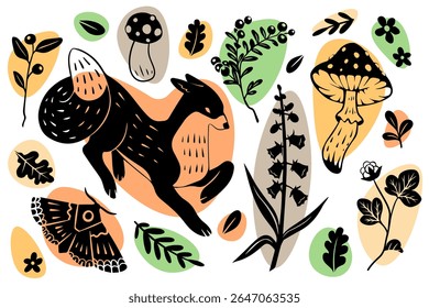 Autumn forest fox. Wild animal. Plant leaves. Agaric mushrooms. Tree branch. Decorative hand-drawn element pattern. Fall seasonal design for packaging. Black silhouette butterfly. Vector elements set