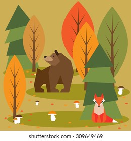 autumn forest geometric graphic animals wildlife trees fox bear leaves time card