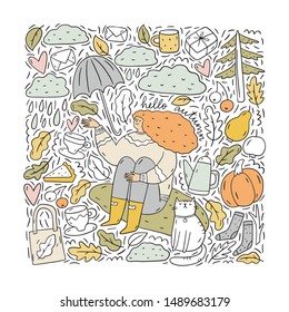 Autumn forest and a girl with a cat - vector illustration in doodle style. Doodle set - leaves, forest, boots, heart, tea, coffee