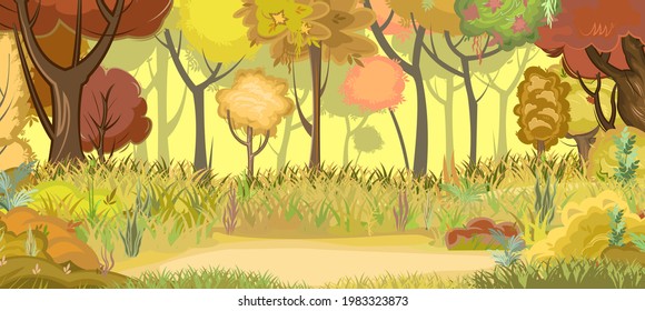 Autumn forest glade. Green, yellow and red trees. Edge with grass. Glade. Beautiful and graceful trees. Bright sky. Flat style. The end of the summer. Cartoon design. Vector