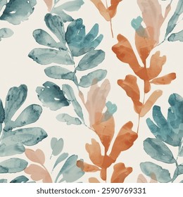 Autumn Forest Green Brown Orange Oak Eucalyptus Leaf Foliage Watercolor Abstract Scandinavian Design Seamless Pattern Wallpaper Curtain Bedding Beige Background Upholstery Gift Wrapping Paper Vector