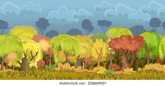 Autumn forest. Green, yellow and red plants. Edge with grass. Glade and meadow. Seamless. Beautiful and graceful trees. Dark sky. Flat style. The end of the summer. Cartoon design. Vector.
