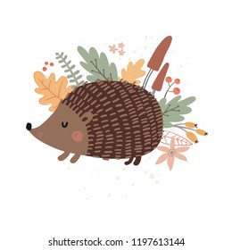 Autumn forest hand drawn print. Cute hedgehog