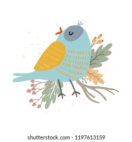 Autumn forest hand drawn print. Cute blue bird