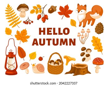 Autumn forest hand-drawn vector illustration. Wicker basket with mushroom, fallen leaves, fox, lantern, cute snail. Cartoon elements with text space. Poster concept with copyspace, template.