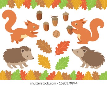 Autumn forest illustration set (squirrels, hedgehogs, acorns, Oak leaves frame)
