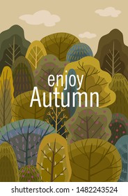 Autumn forest illustration. Vector flat design for card, poster, banner. Beautiful template.