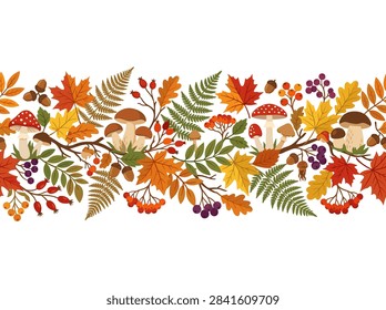 Autumn Forest Items Vector Border with Fallen Leaves, Acorns, Pine Cones, Berries, and Wild Mushrooms