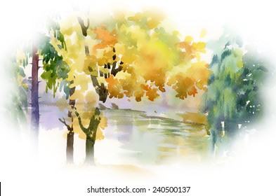 Autumn forest and lake on white background vector illustration