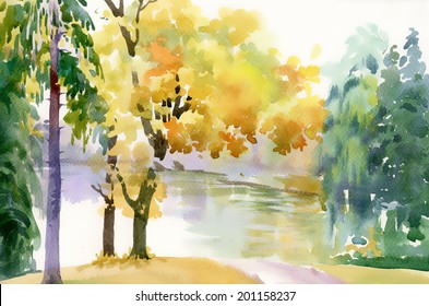 Autumn forest and lake vector