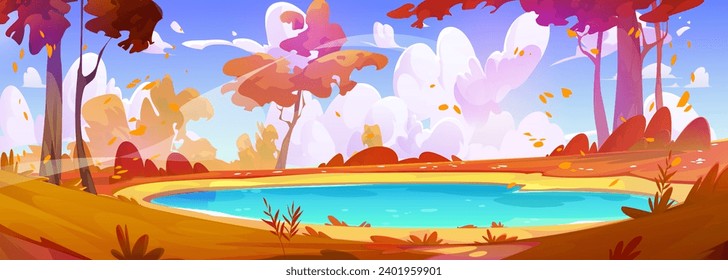 Autumn forest lake with yellow foliage on trees. Vector cartoon illustration of golden leaves flying in wind above blue water, fall season in fairytale valley, clouds in sky, beautiful travel scenery