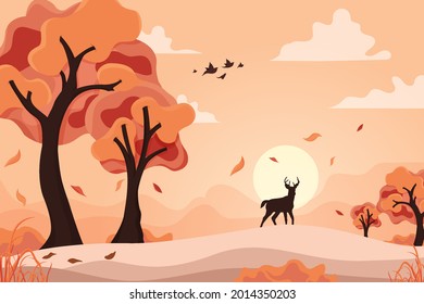 Autumn forest landscape background, with deer silhouette