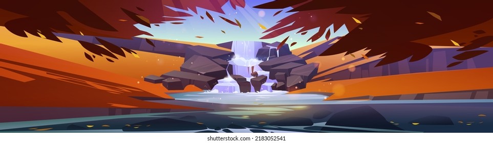 Autumn forest landscape with cascade waterfall on stones. Vector cartoon illustration of nature scene with river, waterfall, trees with oranges leaves, grass, bushes and path