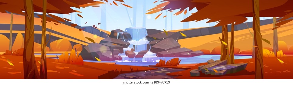 Autumn forest landscape with cascade waterfall on stones. Vector cartoon illustration of nature scene with river, waterfall, trees with oranges leaves, grass, bushes and path