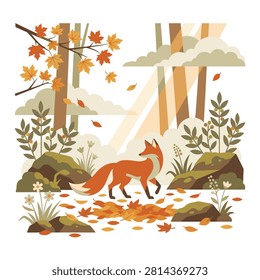 Autumn forest landscape with a cute fox walking among fallen orange maple leaves
