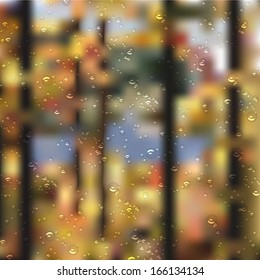 Autumn forest landscape with droplets. Vector EPS10