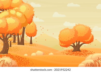 Herbstwaldlandschaft. Herbstsaison, Gartenpanorama mit gelbem Baum und herabfallenden Blättern. Cartoon-Wunderland oder Stadtpark, vor kurzem Vektorhintergrund