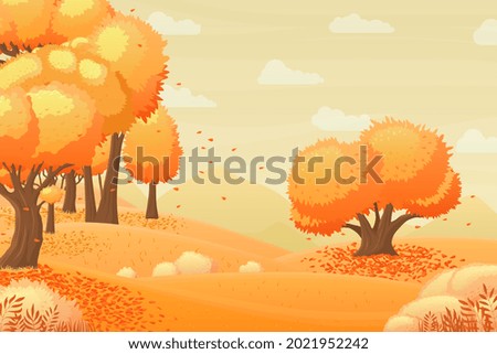 Autumn forest landscape. Fall season, garden panorama with yellow tree and falling leaves. Cartoon wonderland or city park recent vector background