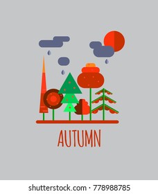 Autumn forest landscape. Fall trees, spruce, rain, clouds, sun. Vector illustration in flat style
