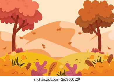 Autumn Forest Landscape with Falling Leaves and Trees