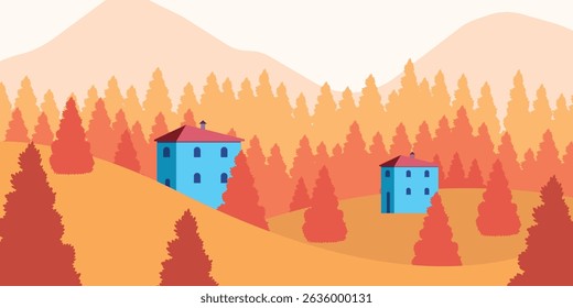 Autumn Forest Landscape with Falling Leaves and Trees