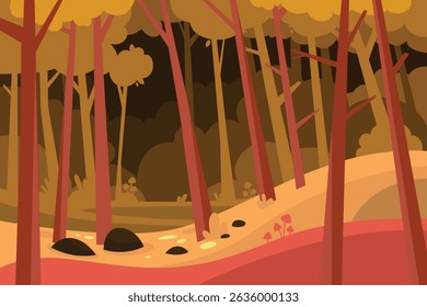 Autumn Forest Landscape with Falling Leaves and Trees