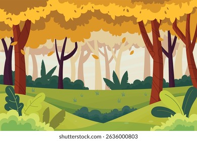 Autumn Forest Landscape with Falling Leaves and Trees