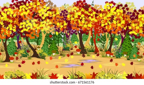 Autumn forest landscape with falling leaves, flowers and mushrooms. Seamless realistic illustration, 3 separate layers ready for parallax effect in web design. Hand drawn vector endless background.