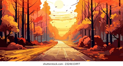 Autumn forest landscape, flat colors poster. Travel and adventure. Vector illustration