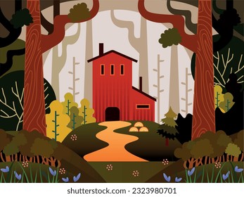 Autumn forest landscape, flat design, lumber mill, vector illustration