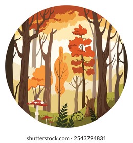 Autumn forest landscape illustration in a round frame border - various trees, bushes, yellow leaves, mushrooms. Detailed autumn forest vector cartoon illustration