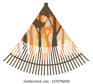 Autumn forest landscape inside of a fan rake design illustration.