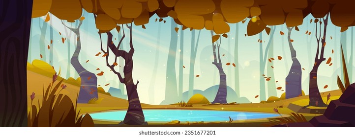 Autumn forest landscape with lake cartoon background scene. Fall season nature and swamp near beautiful maple woods illustration. Fairytale environment for october outdoor design with falling leaves