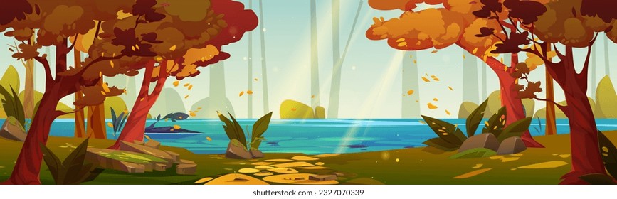 Autumn forest landscape with lake. Vector cartoon illustration of beautiful woodland scene with old trees, sunlight rays penetrating golden leaves, yellow foliage flying in air. Scenic background