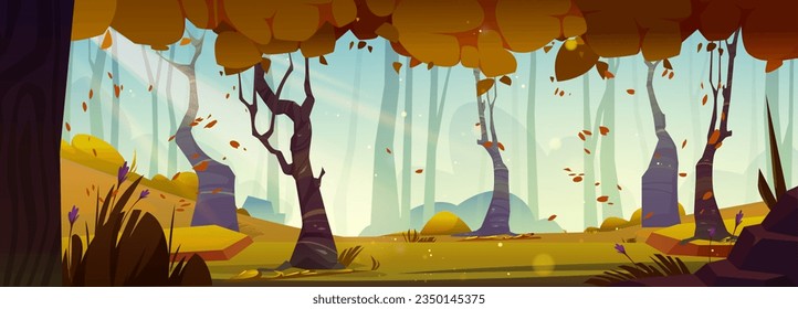 Autumn forest landscape with maple tree background scene. Fall nature scenery with foliage woods and orange meadow. Sunshine ray, wind and branch park scenery for october woodland environment