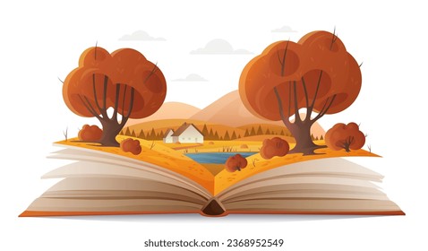 Autumn forest landscape on paper pages of open book vector illustration. Cartoon magic fall nature with trees and mountains, water of lake and cute family house, fantasy adventure in storybook