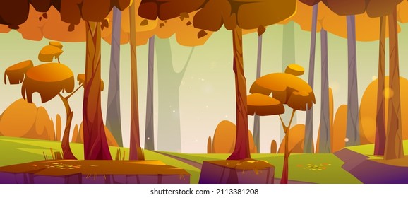 Autumn forest landscape with orange foliage, tree trunks and path. Vector cartoon illustration of natural park, garden or wood with yellow leaves on green grass at fall