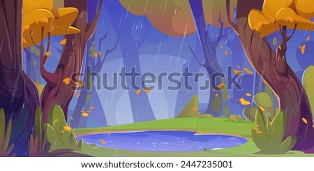 Autumn forest landscape with orange leaf on trees and falling, lake and green grass on shore under rain droops. Cartoon vector fall season scenery of woodland with pond in rainy cloudy weather.