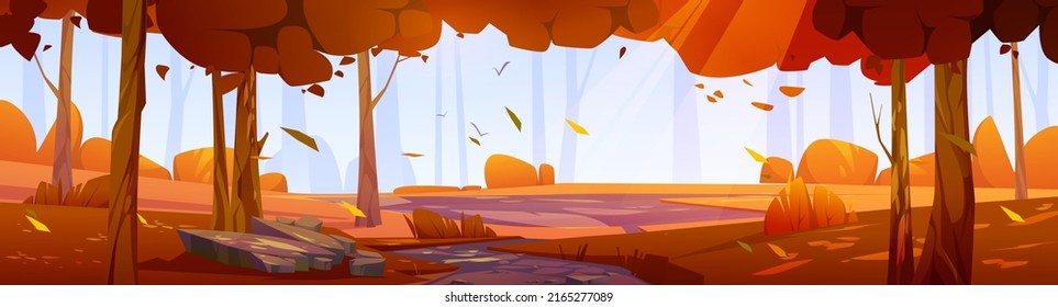 Autumn forest landscape with orange trees and bushes. Vector cartoon illustration of panoramic scene of fall woods, garden or park with plants, falling leaves, path and glade