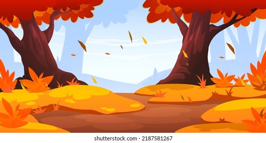 Autumn forest landscape with orange trees and grass, dirt road or sand glade. Vector cartoon illustration of fall nature tranquil scene, yellow and red leaves falling with wind,