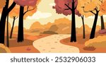 Autumn forest landscape with path. Sunny day in forest Fall valley environment scene with tree, shrub, grass and road.