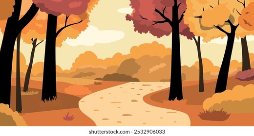 Autumn forest landscape with path. Sunny day in forest Fall valley environment scene with tree, shrub, grass and road.