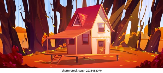 Autumn forest landscape with small rural house on glade. Wooden cottage, forester shack with porch in deep wood with trees in fall, vector cartoon illustration