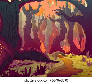 Autumn forest landscape with trees, river and bridge. Cartoon fairytale scenery background. Vector illustration.